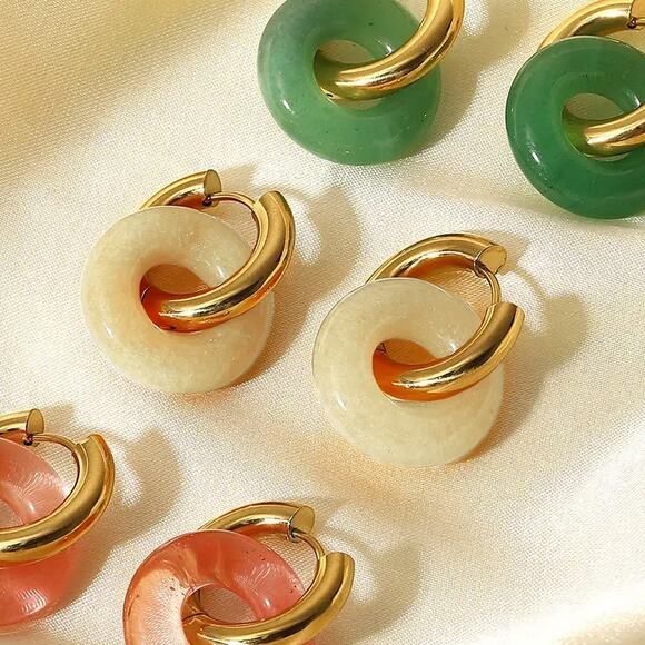 Natural Stone Hoop Earrings 18K Gold Plated Stainless Steel - Picture 5 of 6